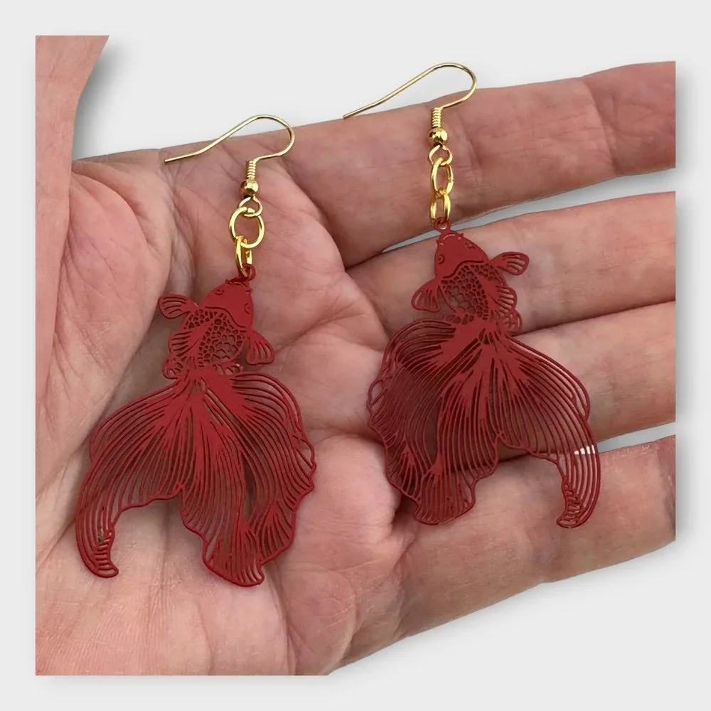 Red Koi Fish Earrings Gold Plated French Hook Ear Wires - Picture 5 of 6